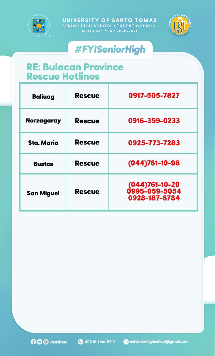ustshssc's tweet photo. #FYISeniorHigh 

RE: Bulacan Province Rescue Hotlines

Please be guided accordingly. Stay safe, Thomasians!

#BulacanNeedsHelp #BulacanNeedsHelpToo #BulacanRescue https://t.co/nZFsYMoeeF