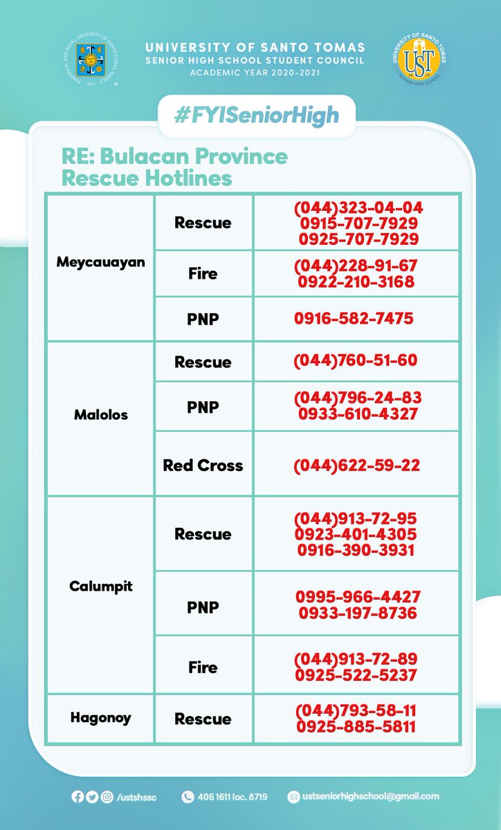 ustshssc's tweet photo. #FYISeniorHigh 

RE: Bulacan Province Rescue Hotlines

Please be guided accordingly. Stay safe, Thomasians!

#BulacanNeedsHelp #BulacanNeedsHelpToo #BulacanRescue https://t.co/nZFsYMoeeF