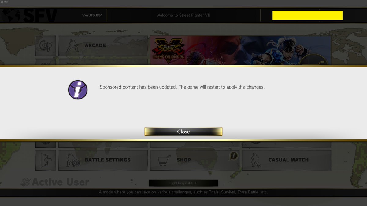 ストリートファイターコミュニティ Sfvce 障害情報 ログイン後 スポンサーコンテンツに更新がありました ゲームを再起動して更新を適用します という表示からゲーム再起動が繰り返されゲームプレイできない問題を確認しております 調査を行っており