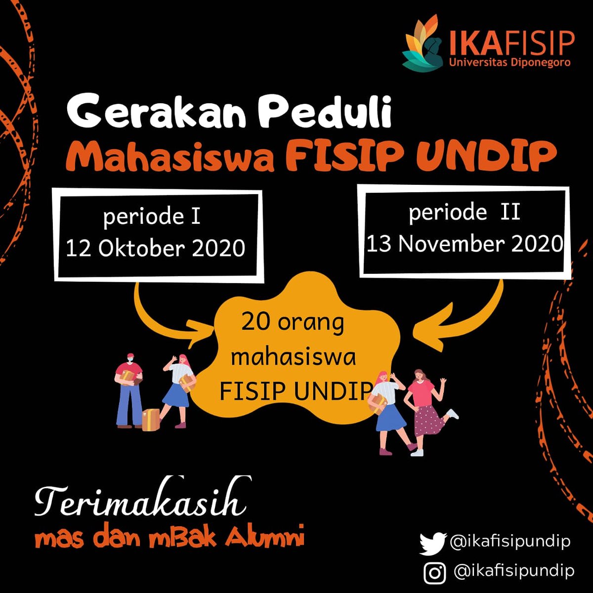 IKAFISIPUNDIP's tweet photo. Terimakasih kepada mas dan mbak Alumni FISIP UNDIP atas dukungan, bantuan dan donasi pada "Gerakan Peduli Mahasiswa FISIP UNDIP". https://t.co/WmnrOJRX3s