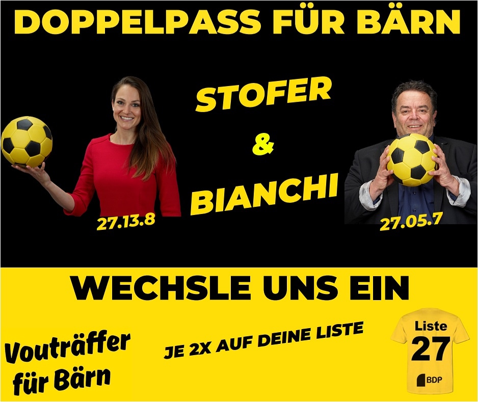 igfurbarn's tweet photo. 👉 STOFER &amp; BIANCHI = Geballte Kompetenz für Bern
Die Spielmacherin und der Routinier im Mittelfeld  
    
#wahlbern20 #wahlenbern2020 #igfürbärn #diestimmedessports #sportverbindet 
#BDP #teambdp https://t.co/PcDKvWkcI8