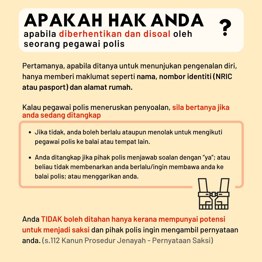 [BM]Sebagai orang awam anda perlu tahu hak anda apabila ditahan polis. Berikut adalah panduan tentang apa yang anda perlu lakukan ketika ditahan, bersama dengan hak-hak anda. 