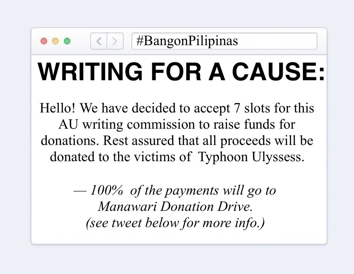 au_commission's tweet photo. HELP RT TO SPREAD!!

We are accepting writing commissions and currently have 7 opend slots. All proceeds will be donated. See photos for details.

Kindly DM us if interested and for questions!
#ManunulatHelps #BangonPilipinas https://t.co/bfpgosajtd