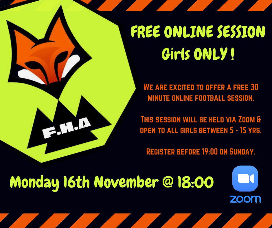 FREE ONLINE GIRLS ONLY SESSION

Missing football? Come and join Keir &amp; Chloe on Monday for a free 30 minute online session. 

Register below. 
docs.google.com/forms/d/1uSuYj…

Link will be sent out before the session via email.

Please TAG anyone you feel will want to get involved.