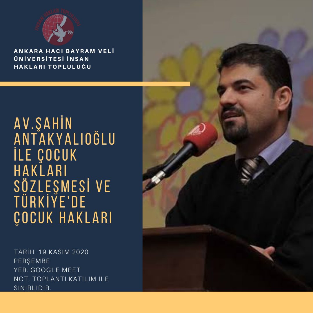 Av. Şahin Antakyaloğlu'nun katılımıyla gerçekleştireceğimiz toplantıda Çocuk Hakları Sözleşmesi ve Türkiye'de çocuk hakları üzerine konuşacağız. 19 Kasım saat 16.00'da sizi de aramızda görmek istiyoruz!🥳 Katılmak için aşağıdaki formu doldurmanız yeterli.
docs.google.com/forms/d/1QAjLh…