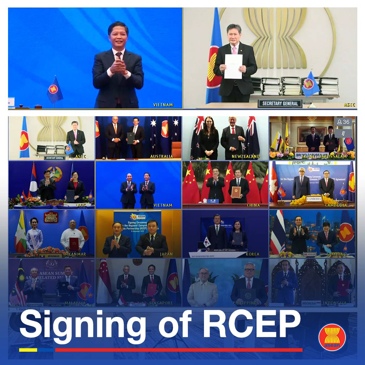 BREAKING: #ASEAN and 5 dialogue partners witness the signing of #RCEP

The largest regional trade agreement offers mutually beneficial partnership through series of commitments covering market access, rules, &amp; economic-technical cooperation.

Learn more: bit.ly/RCEP_Agreement