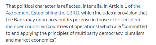 This weekend I went through  @EBRD Annual Reviews back to 2005 and matched with  @vdeminstitute's democracy indices to see if its activities followed its stated commitment to multiparty democracy. Here's what I found. Hint: it's not satisfactory (Thread)  https://www.ebrd.com/our-values/multiparty-democracy-and-pluralism.html