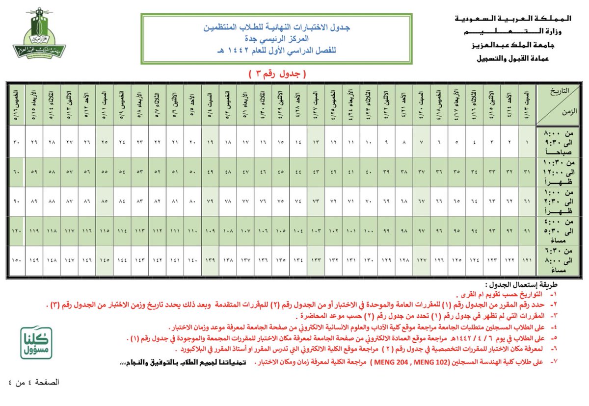 عمادة القبول والتسجيل Kau On Twitter جدول الاختبارات النهائية طلاب المركز الرئيسي بالسليمانية جامعة الملك عبدالعزيز