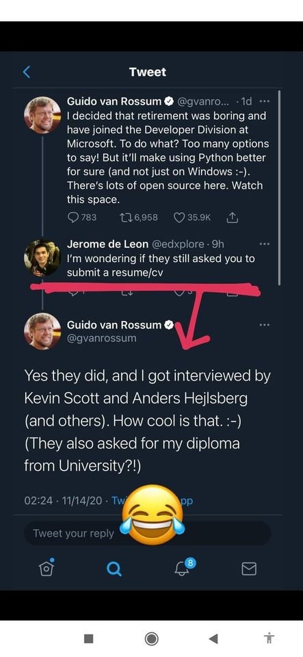 MeqdadDev's tweet photo. Microsoft Interviewer: "Python; Dynamic-typing language, or static-typing language?"
Microsoft Interviewer: "Who's the creator of #Python?"
#coding #code #GuidovanRossum #Microsoft #pythonprogramming #Python3 #100DaysOfCode #it #ai #ml #DataScientist #programmers #pythoner https://t.co/47SiWufTgh