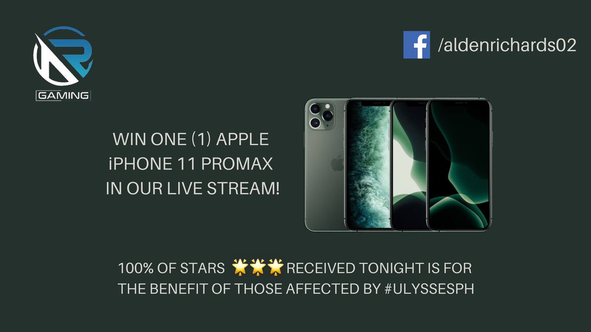 Tulong-tulong tayo 🙏🏼 Please join me as I stream tonight for the benefit of those affected by the recent typhoon #UlyssesPH

100% of Stars 🌟🌟🌟 received will be donated

PLUS get a chance to win (1) iPhone 11 Pro max. 

Thank you. See you later!

facebook.com/AldenRichards/…