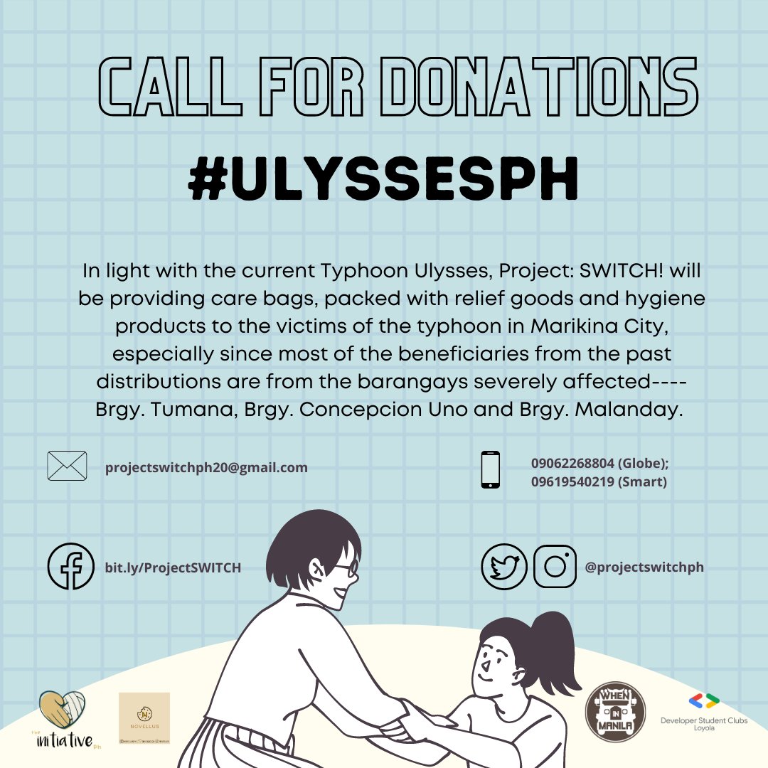 projectswitchph's tweet photo. In solidarity with the victims and as a response to the current situation of Marikina City due to Typhoon Ulysses, Project: SWITCH! will be providing care bags to the victims of the typhoon.

Help us raise money and resources by supporting us through the following methods below. https://t.co/EGGfWMd4Sq