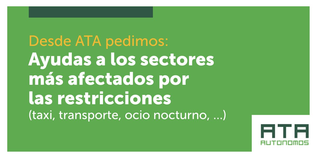 Hay sectores especialmente afectados por las nuevas restricciones, que no generan ingresos o estos son mínimos. Desde #ATA, exigimos unas ayudas extraordinarias para colectivos. 📢

#NOestáisSolos