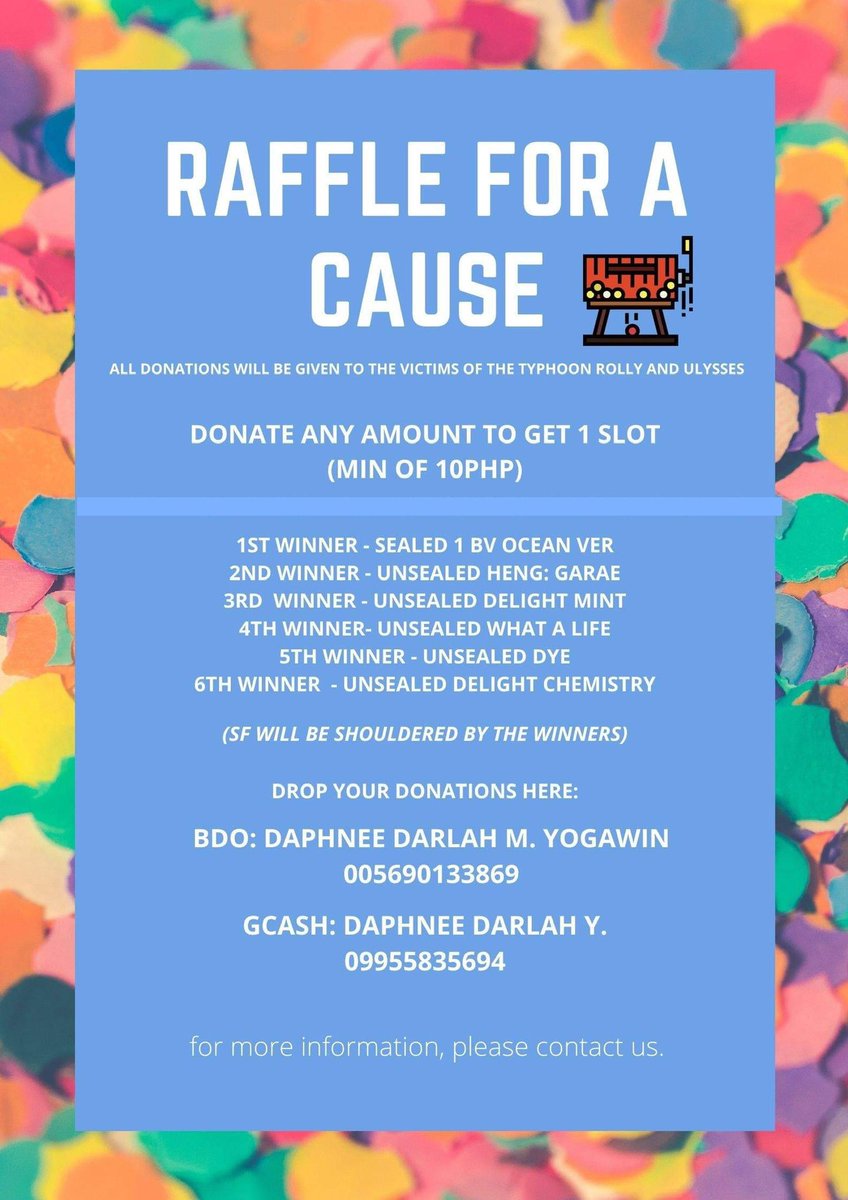 BlueSkyyPH's tweet photo. [RAFFLE FOR A CAUSE]

100% of the money raised will be donated to the victims of the typhoon. Join us and win a prize. 

Refer for rhe photo below for more info. 

We are also accepting in kind donations just dm us for more info.

https://t.co/ZRl5yDfSgv https://t.co/j4onIJMBbI