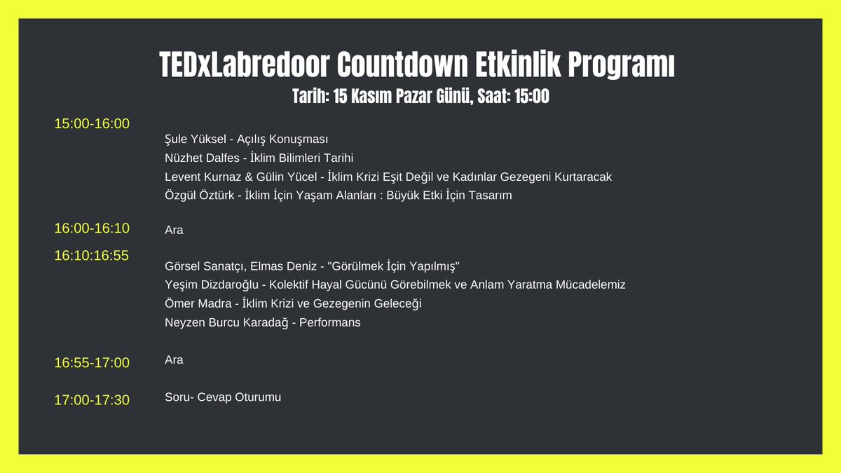 TEDxLabredoor (@tedxlabredoor) on Twitter photo Bugün saat 15:00'da gerçekleştireceğimiz TEDxLabredor Countdown Etkinlik Programı'nı değerli katılımcılarımızın bilgisine sunarız.
<a href="/labredoor/">Labredoor</a> #jointhecountdown #tedx  #tedxlabredoor #climate #change #climatechange #changeclimatechange #TEDxLabredoor Bugün saat 15:00'da gerçekleştireceğimiz TEDxLabredor Countdown Etkinlik Programı'nı değerli katılımcılarımızın bilgisine sunarız.
<a href="/labredoor/">Labredoor</a> #jointhecountdown #tedx  #tedxlabredoor #climate #change #climatechange #changeclimatechange #TEDxLabredoor