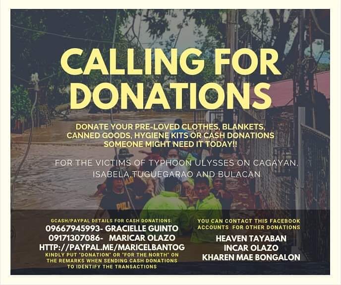 Patfly_11's tweet photo. CALLING FOR DONATIONS ❗❗❗

 -For the victims of typhoon Ulysses on Cagayan, Isabela, Tuguegarao and Bulacan. 
-Donate your pre-loved clothes, blankets, easy open canned goods, hygiene kits or cash donations. 

#CagayanNeedsHelp
#BulacanNeedsHelpToo 
#BulacanNeedsHelpNOW https://t.co/dKW6jNLlYk