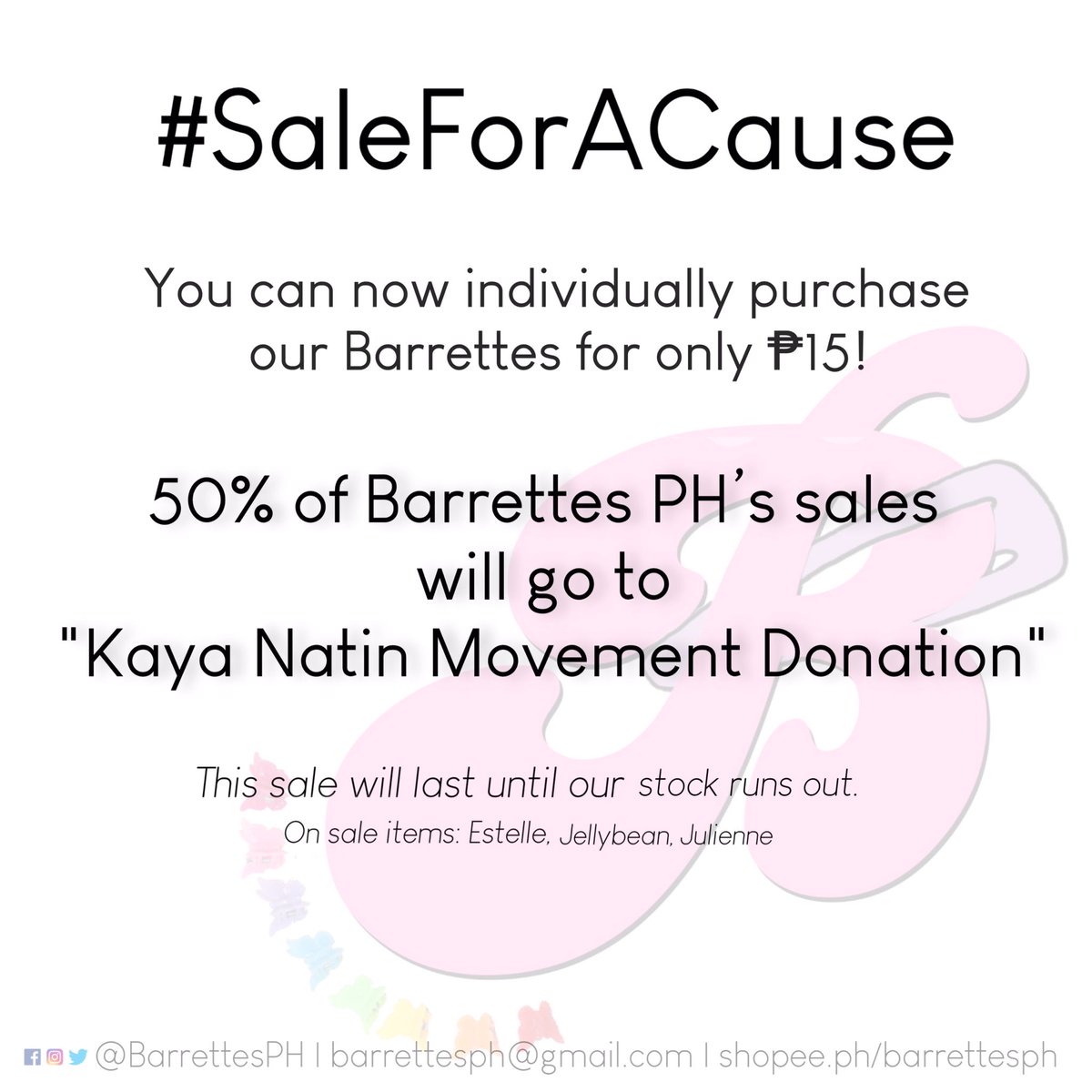 BarrettesPH's tweet photo. we wanted to help in our own little way so we thought of #SaleForACause wherein you can now purchase our Barrettes individually for only ₱15 instead of buying them in pairs. 50% of our sale goes to "Kaya Natin Movement Donation". together, we can help those who need it most. https://t.co/gUA7CLcYNU