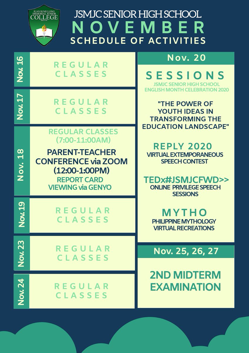 IAmSumulongSHS's tweet photo. NOVEMBER SCHEDULE OF ACTIVIES:

Should there be concerns or difficulties that might affect your capacity to have access to your classes, do not hesitate to promptly inform your class adviser or prefect of discipline. Please be guided accordingly and always be safe.

#JSMJCFWD>> https://t.co/Kxm6alGnGj