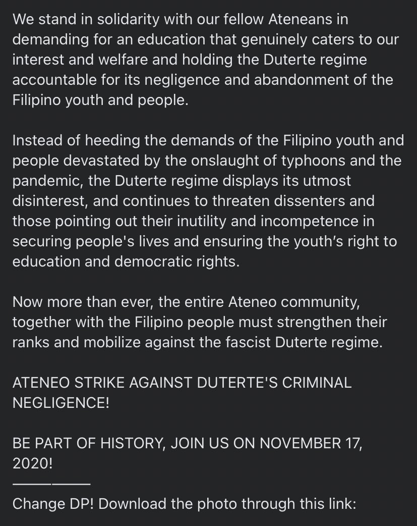 LFSKatipunan's tweet photo. Now more than ever, the entire Ateneo community, together with the Filipino people must strengthen their ranks and mobilize against the fascist Duterte regime.

ATENEO STRIKE AGAINST DUTERTE'S CRIMINAL NEGLIGENCE!

JOIN US ON NOVEMBER 17, 2020!
Change DP! 
https://t.co/GZfWughnFo https://t.co/Js4xu6ix0A