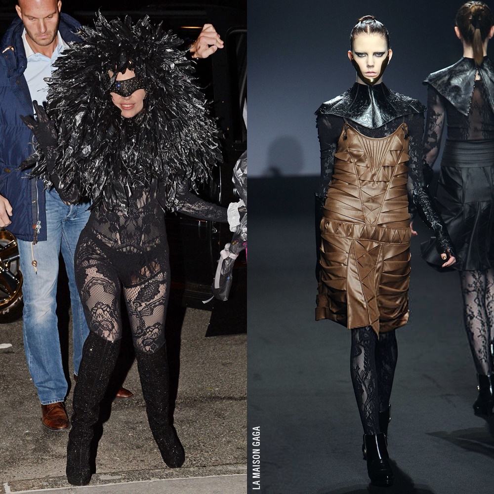LaMaisonGaga_'s tweet photo. Back in Time: #LadyGaga stepped out in a catsuit from @SOMARTA_JP F/W09 collection, custom #BCALLA shredded trash bag headpiece, @ArturoRiosHats "Arix" mask, and custom @GiuseppeZanotti @Swarovski crystal boots.
More: https://t.co/AVfMTKhvHM https://t.co/EzM5bjBKQT