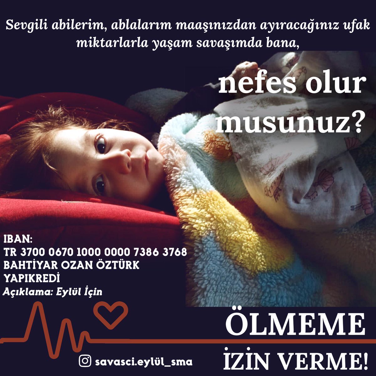 ÖLMEME İZİN VERME!

Herkese iyi haftasonları dileriz. Zamanımız azalıyor. Eylül'ün desteğe ihtiyacı var. Sesimizi duyurmamıza yardımcı olun lütfen.

Kızımız Yaşasın!
#EylüleUmutOl