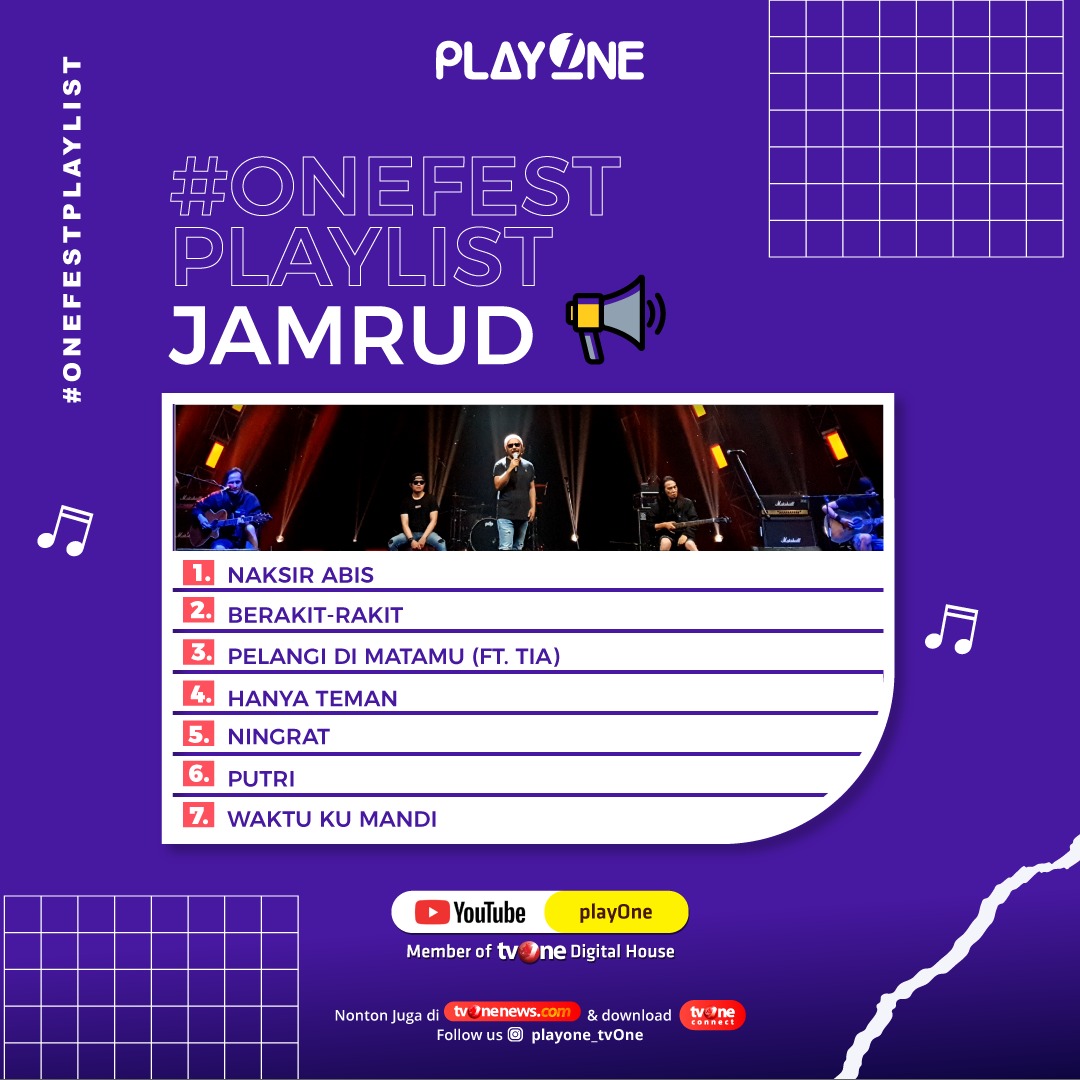 tvOneNews's tweet photo. Nah, ini lagu-lagu yang kemarin dibawain oleh Jamrud di One Fest. Sobat playOne ada yang ketinggalan nonton One Fest? Atau masih pengen nonton lagi penampilan Jamrud kemarin? Tonton videonya di https://t.co/AebRuVOZSE #playOne #OneFestPlaylist #OneFest2020 #OneFestJamrud #Jamrud https://t.co/mIU41uncnb