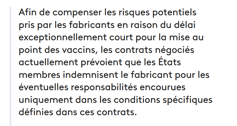 21/n Les laboratoires se sont occupés, en revanche de signer des pré-contrats pr plusieurs centaines de millions de doses de vaccins, dont ils ont pris soin d'exclure toute responsblt civile ou pénale, en cas d'effets indésirables ou de problème industriel. https://www.francetvinfo.fr/sante/maladie/coronavirus/vaccin/les-laboratoires-seront-ils-responsables-en-cas-d-effets-secondaires-lies-au-vaccin-contre-le-covid-19_4123587.html