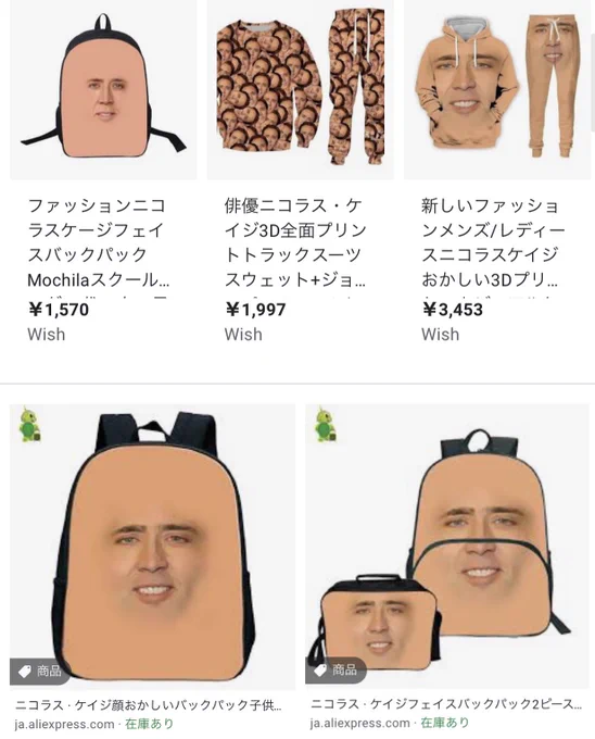 昨日検索した時ニコラスケイジのリュックをクリックしてしまい、pixivとかの広告がニコラスケイジのグッズばかりになっている 