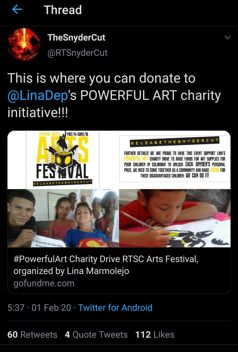 01 FEB 2020I supported  #PowerfulArt Charity event which run by  @LinaDep I also see the updates from spending this fund from time to time. I'm glad to be small supporter of this beautiful project. #ReleaseTheSnyderCut #ZackSnydersJusticeLeague #TheSnyderCut  #UsUnited 