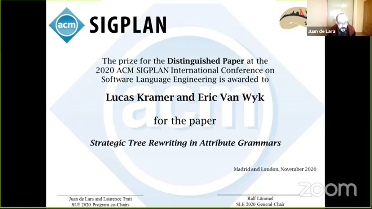 sleconf's tweet photo. The Distinguish Paper award of #sle20 goes to the paper "Strategic Tree Rewriting in Attribute Grammars" by Lucas Kramer and @ericvanwyk Congratulations! https://t.co/ElmHYTaSoZ