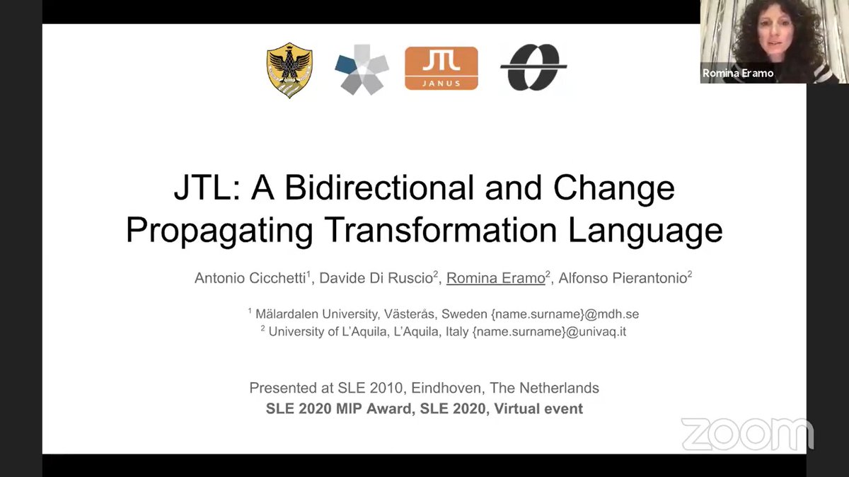 SLE Conference (@sleconf) on Twitter photo .<a href="/RominaEramo/">Romina Eramo</a> on behalf of all the authors is presenting the winning paper of the Most Influential Paper award! .<a href="/RominaEramo/">Romina Eramo</a> on behalf of all the authors is presenting the winning paper of the Most Influential Paper award!