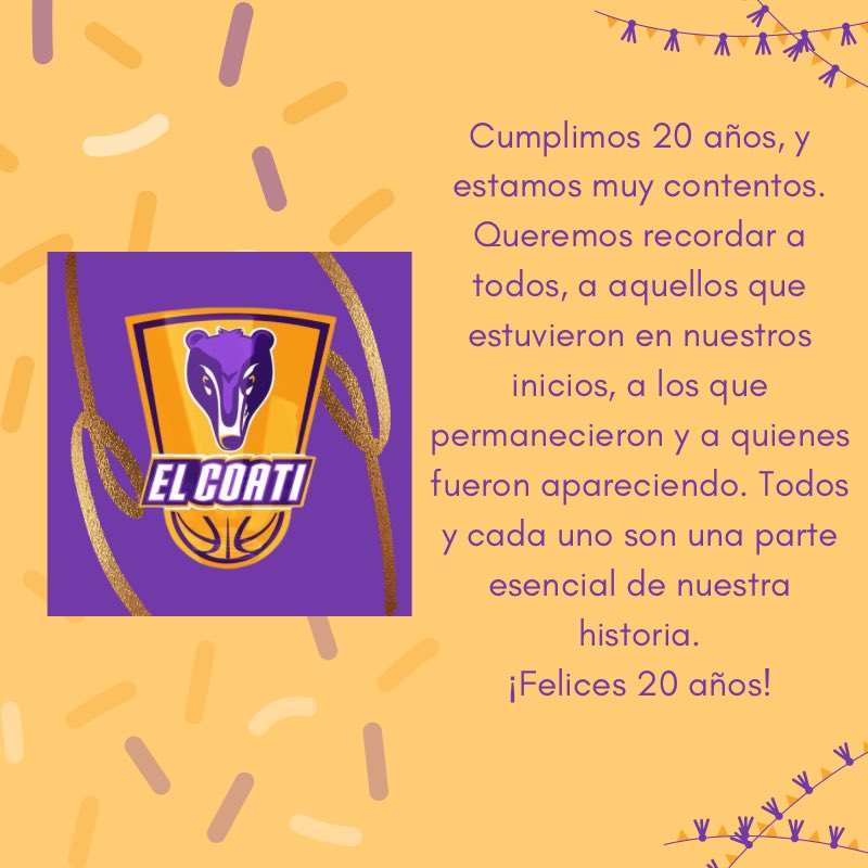 ElCoatiBasquet's tweet photo. 🟣FELICES 20 AÑOS🟡 

A lo largo de nuestra corta, pero intensa trayectoria, muchas cosas y muchas personas pasaron. Hoy tenemos ganas de recordarlos a todos, porque cada uno fue una parte fundamental de nuestra historia.

#20AñosDeValoresYPasión 💛💜 https://t.co/VfvvWI3Hlu