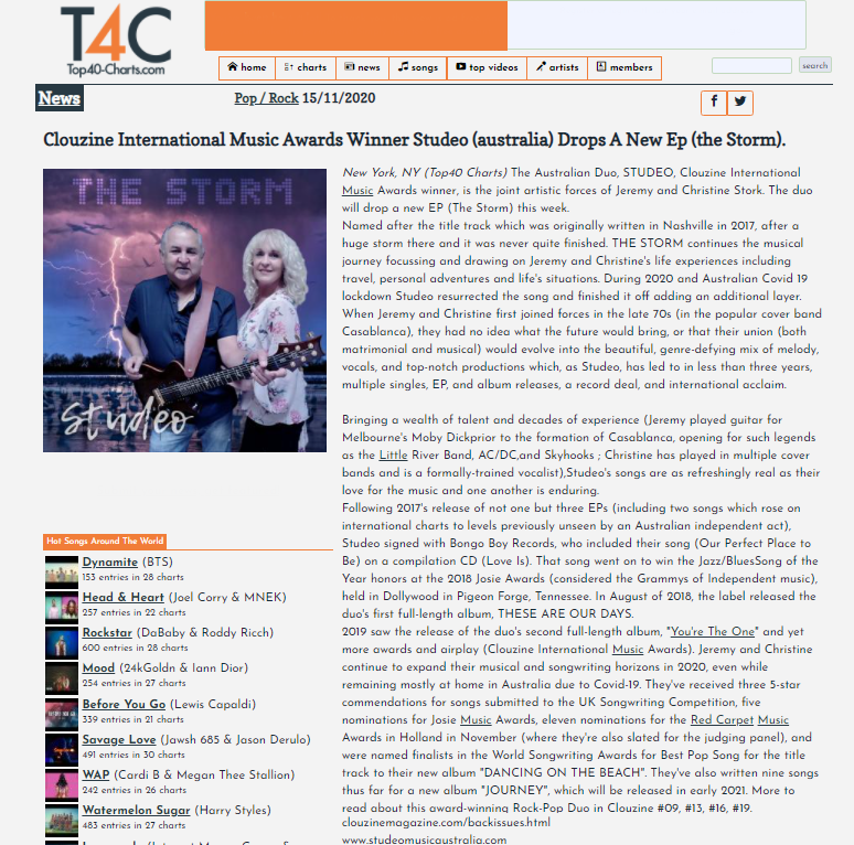 clouzine's tweet photo. NEWS IN TOP40 MAG NEW YORK : CLOUZINE INTERNATIONAL MUSIC AWARDS WINNER STUDEO (AUSTRALIA) DROPS A NEW EP (THE STORM)
#SESTeam's @clouzine #Supports #IndependentMusic #JeremyStork #ChristineStork #STUDEO @studeo_music
#NewReleases #TheStorm https://t.co/7hsT3ldQAU