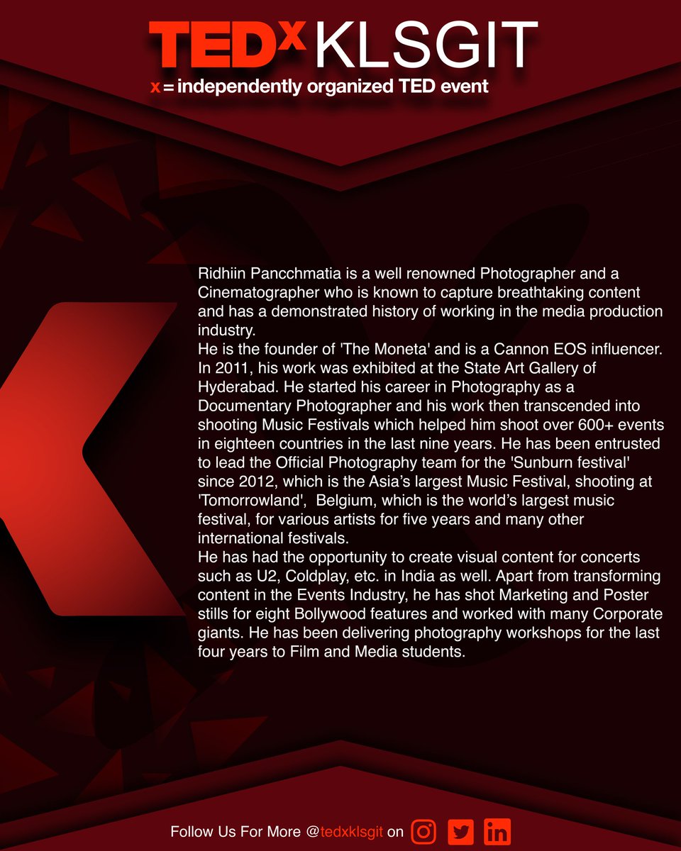 tedxklsgit's tweet photo. Fasten you seat belts and come along on this journey, which will influence you through an empowering line up of talks.
Introducing to you, the 5th speaker of this year's elite panel of TEDxKLSGIT, Ridhiin Pancchmatia Photographer, Cinematographer.

#tedx
#tedxtalks
#tedxklsgit https://t.co/2W1fm5WUZC