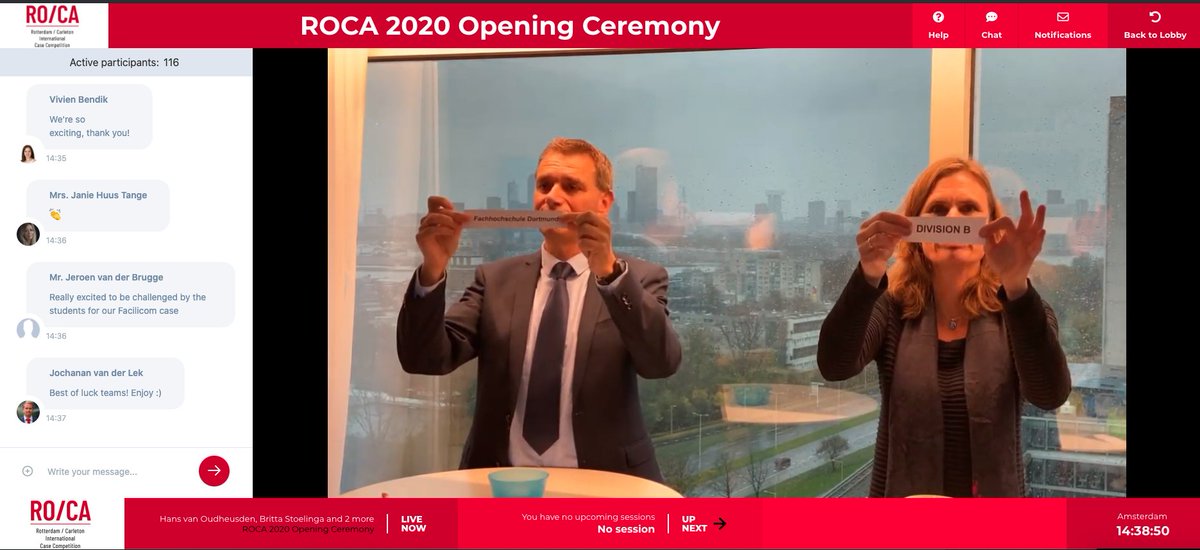 HRBSchool's tweet photo. Opening Ceremony van de Rotterdam - Carleton International Case Competition (ROCA 2020), met intro van Ron Bormans en de loting van de teampoules. Alle resultaten van de loting zijn op de website te vinden! https://t.co/lkGSGrdKjB #roca2020 #hogeschoolrotterdam #ruas #carleton https://t.co/WUtWIYMxpX