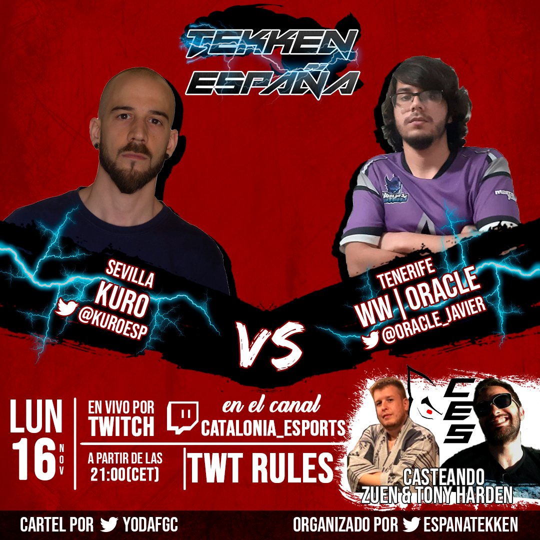 Este Lunes habrá doble ración de Tekken, esta vez a las 21:00 cortesia de <a href="/cataloniaES/">Catalonia E-Sports - Official Account</a> 

🎊<a href="/KuroESP/">Kuro</a> se enfrenta a <a href="/Oracle_Javier/">DM | Oracle_99</a> en un FT10 TWTRules!!!🎊

🎙️Al casteo tendremos a los grandiosos <a href="/AkagamiZueN/">波波</a> y <a href="/TClash79/">TonyClashden</a> 

📺Todo esto en twitch.tv/Catalonia_espo…