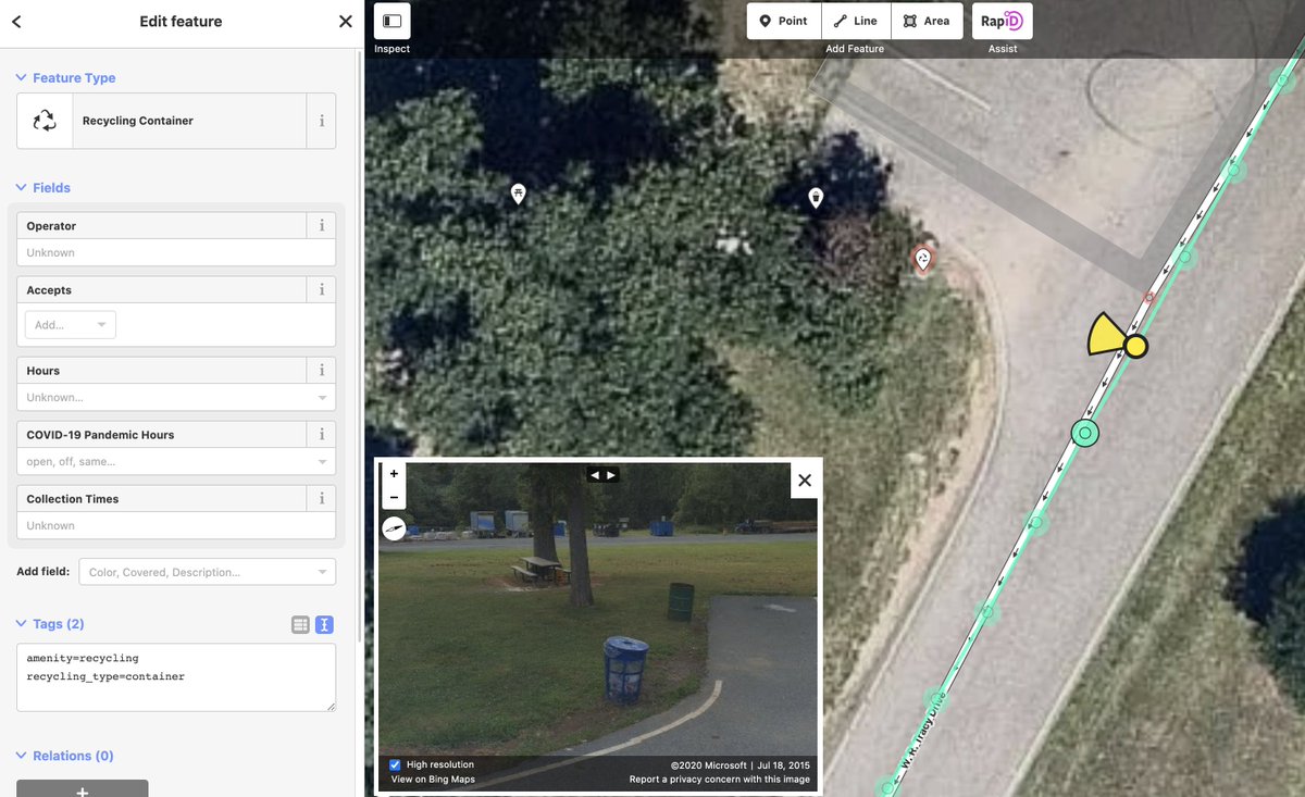 bhousel's tweet image. Adding recycling containers today! #30daysofOSM - Tasks like this remind me that we are really fortunate to have multiple sources of high resolution aerial and streetside imagery to use for improving @OpenStreetMapUS .  Thanks @bingmaps, @Esri, @Mapbox, @mapillary, @Maxar  👏