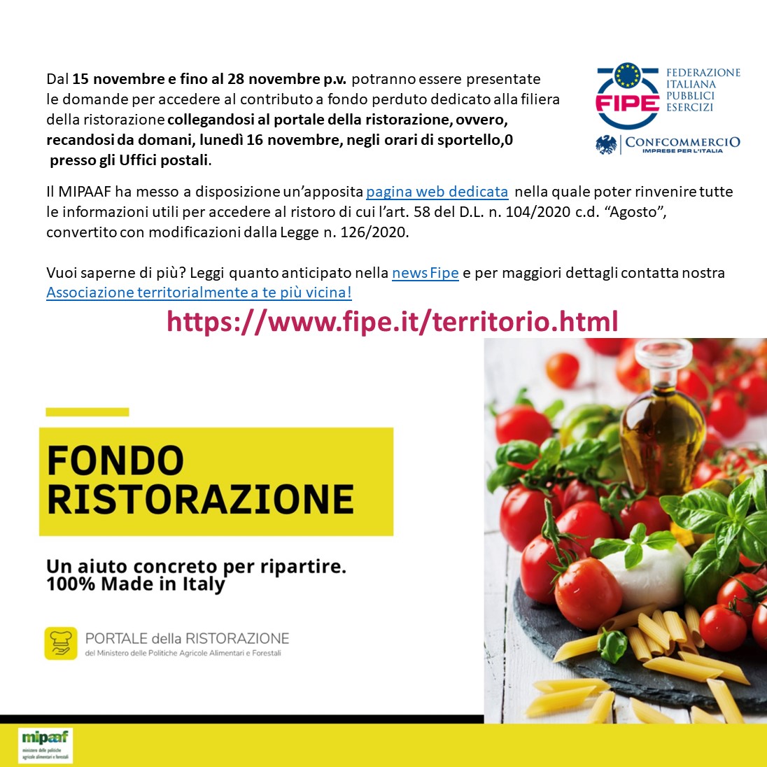 #FondoRistorazione 
Portale attivo dal 15 al 28 novembre 2020
fipe.it/igiene-e-sicur…