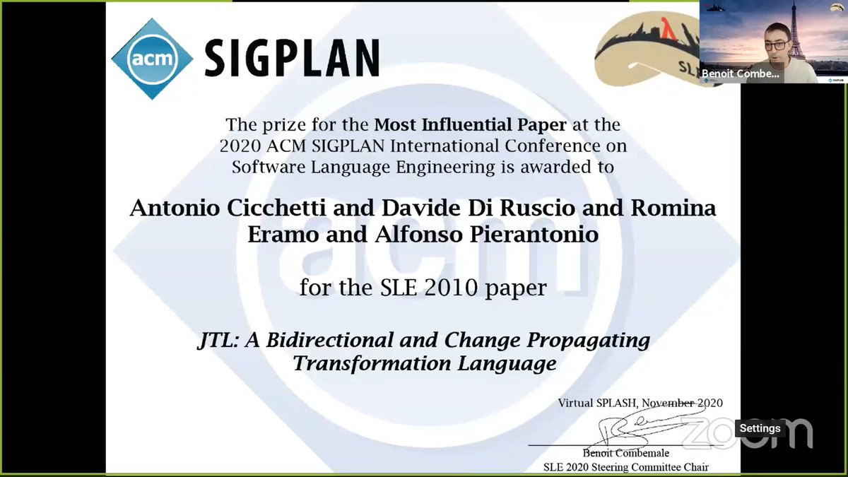 SLE Conference (@sleconf) on Twitter photo The Most Influential Paper award is announced by <a href="/bcombemale/">Benoit Combemale</a> and it goes to "JTL: A Bidirectional and Change Propagating Transformation Language" by @cicchettiItalia <a href="/DDiRuscio/">Davide Di Ruscio</a> <a href="/RominaEramo/">Romina Eramo</a> and <a href="/APierantonio/">Alfonso Pierantonio</a> The Most Influential Paper award is announced by <a href="/bcombemale/">Benoit Combemale</a> and it goes to "JTL: A Bidirectional and Change Propagating Transformation Language" by @cicchettiItalia <a href="/DDiRuscio/">Davide Di Ruscio</a> <a href="/RominaEramo/">Romina Eramo</a> and <a href="/APierantonio/">Alfonso Pierantonio</a>