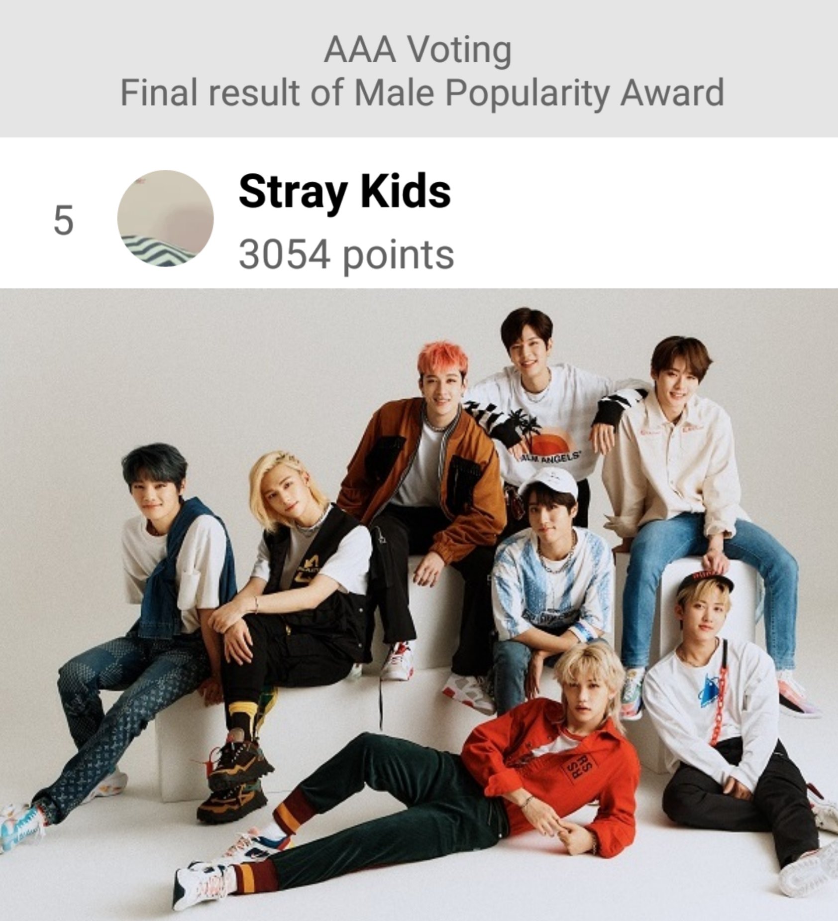 Stray Kids Fanbase Alliance Asia Artist Awards Voting Has Ended Male Popularity Award 5 Stray Kids 3054 Points Straykids Is The Only 4th Generation Group To Have Finished