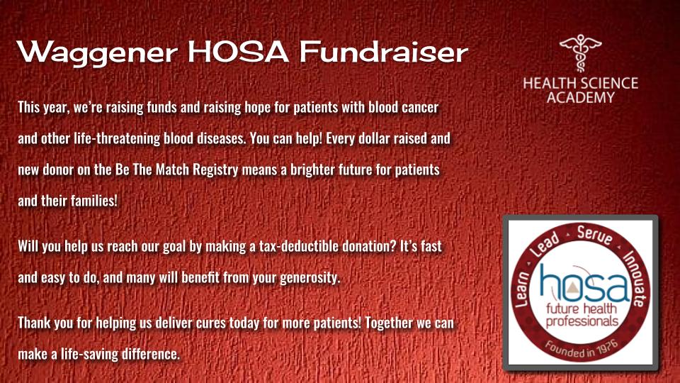 WaggenerHS's tweet photo. Our future Healthcare providers are raising money to help those with blood diseases. Please consider making a tax deductible donation. They are so close to their goal!

https://t.co/ZYPrsBN7fh https://t.co/nEtYs5vXjN