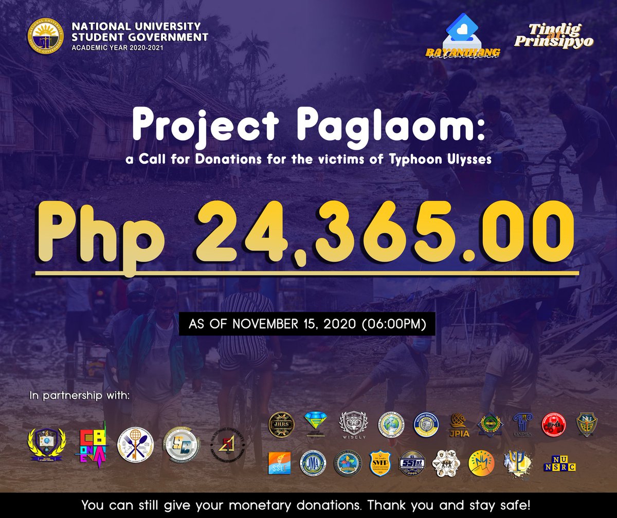 HelloNUCSG's tweet photo. TRANSPARENCY REPORT: As of November 15, 2020, 6 o’clock in the evening, the NUSG and National University - Manila Recognized Student Organizations (RSO), and College Student Councils (CSO) have garnered a total of Php 24,365.00 monetary donations. 

(...) https://t.co/YT8nBeZ9J4