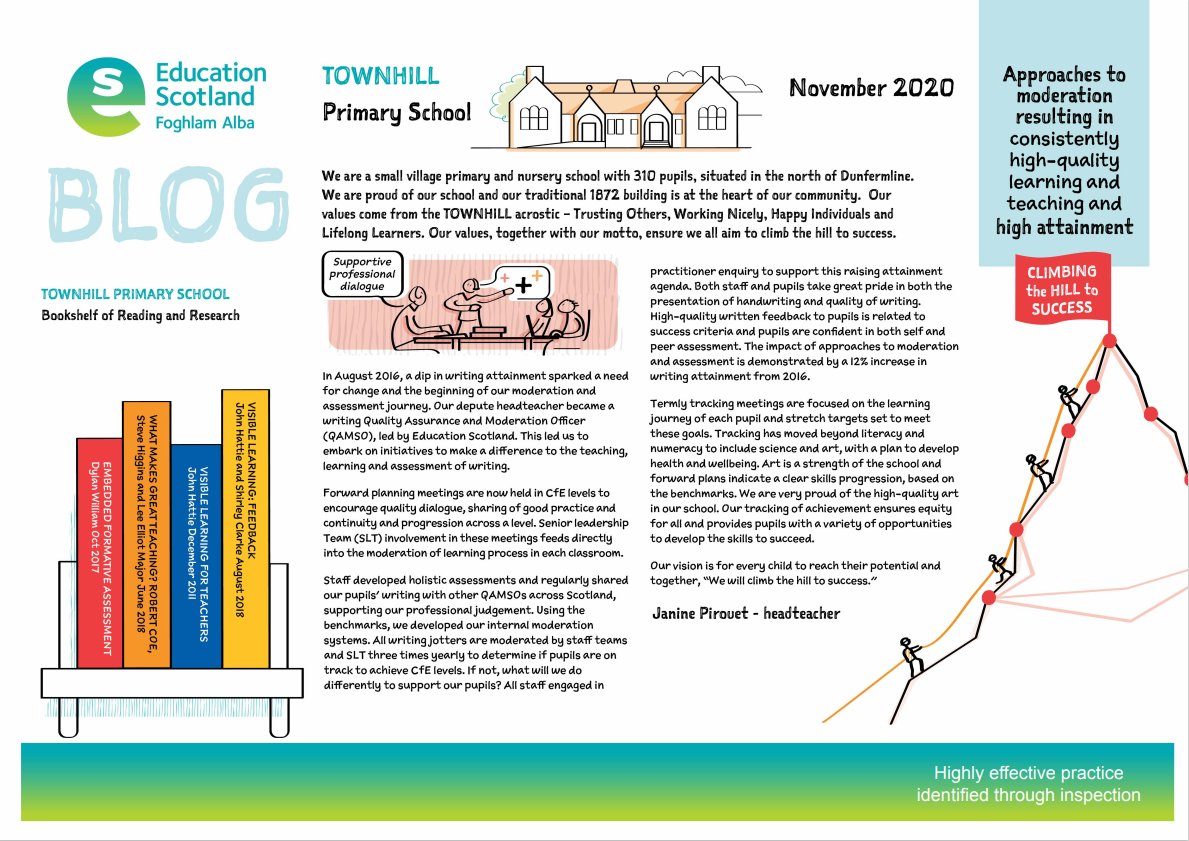EducationScot's tweet photo. Approaches to moderation at Townhill Primary School were praised by HM Inspectors when they visited. Their headteacher shared details on how this practice was developed in a blog. Read all about it on our #ScotlandLearns website. 👇
https://t.co/NNRAe2ky7d

@FifeCouncil https://t.co/aM8EeVYhZZ