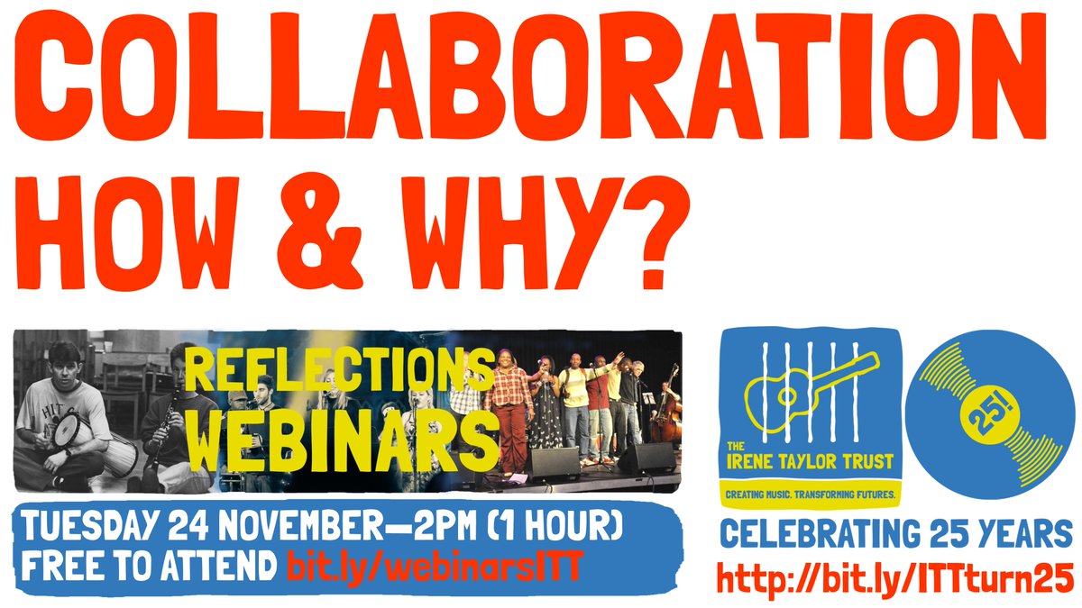 MusicinPrisons's tweet photo. & the final #ITT25 #ReflectionsWebinars is Tues 24th on Collaboration: How & Why - info on series: https://t.co/DpWZidoObf
Chaired by @alison_frater Panel: @annaherrm, Jonathan McCormick, @bynoe_m & ITT Artistic Director Sara
Sign up (FREE!) here: https://t.co/rv4s0F0DNu https://t.co/bhPdkJqxh8