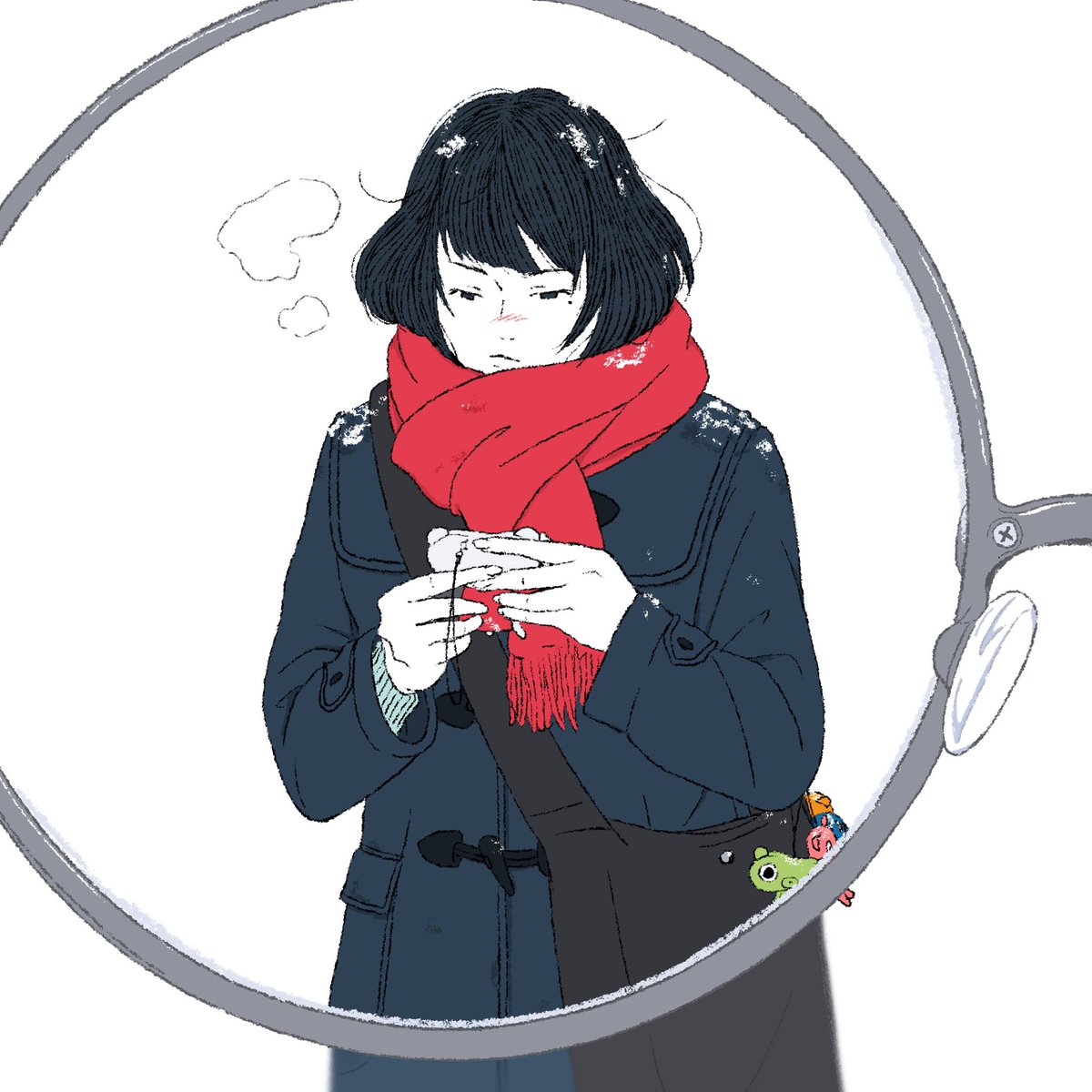 1girl scarf solo red scarf black hair coat short hair  illustration images