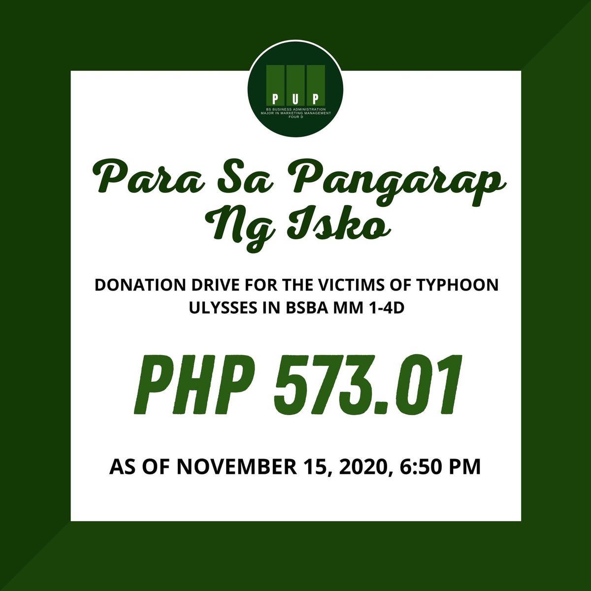 pupbsba's tweet photo. PARA SA PANGARAP NG ISKO UPDATE

As of November 15, 2020, 6:50 PM, we have collected a total amount of PHP 573.01.

Maraming salamat sa lahat ng tumulong, mula sa pagbabahagi ng aming 'post', pagsama sa inyong 'stories' at 'my day', hanggang sa pag-donate ng pera. https://t.co/kyhhFrDbIo
