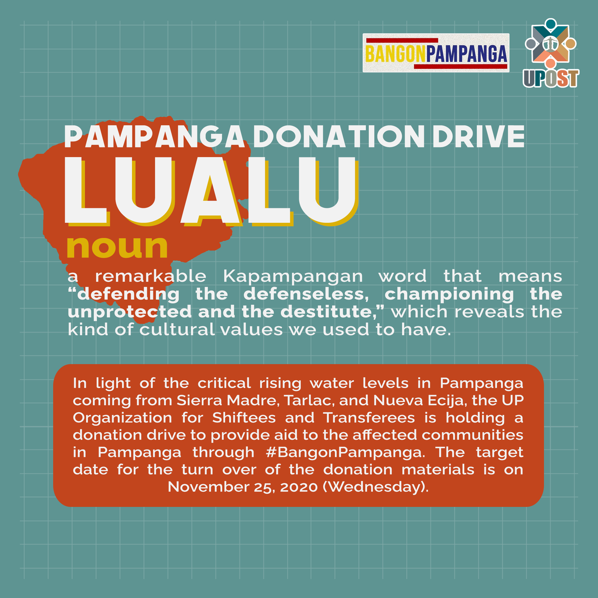 upost_upm's tweet photo. #PampangaNeedsHelp
The Lualu Donation Drive aims to provide aid to our fellow Kapampangans gravely affected by the rising water levels from Sierra Madre, Tarlac, and Nueva Ecija.
Please check below for more details.
#LualaDonationDrive
#Padayon
#ReliefPH
#KeepingUPOSTed https://t.co/AqpXwvQAy5