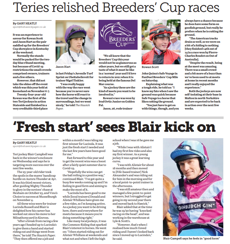 Great to see a number of Hawick jockeys doing well right now - hear from @rowan_49 and @jasonhart13 after their trip to the USA for the @BreedersCup and Blair Campbell after recent wins at Hexham, Musselburgh and Ayr via @TheHawickPaper