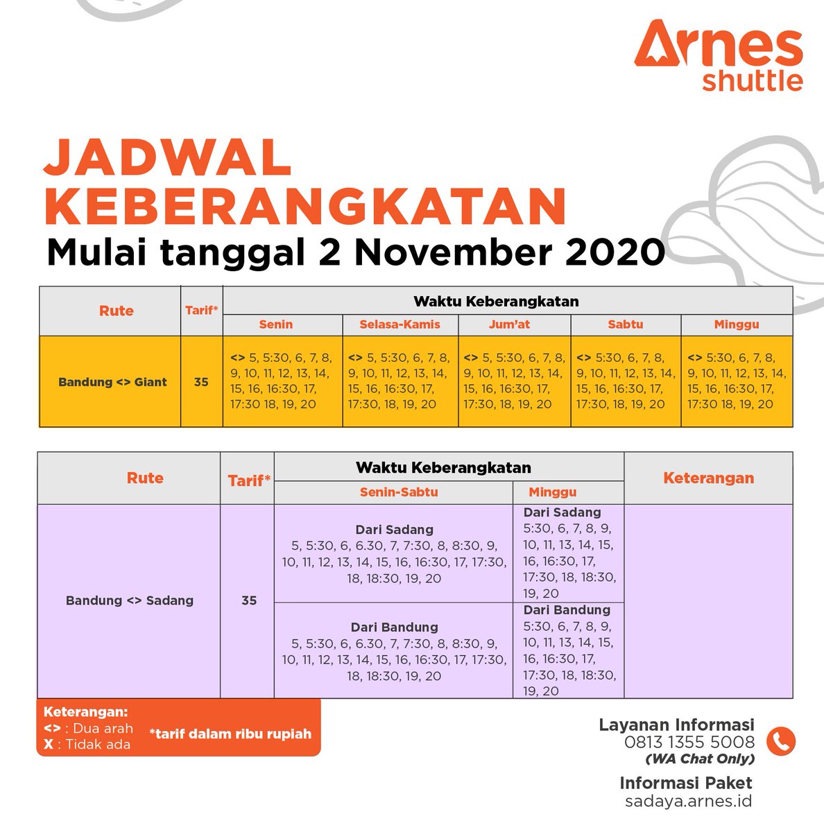 ArnesShuttle's tweet photo. Kembali kita Update jadwal terbaru untuk besok 16 November 2020 beserta beberapa syarat dan ketentuan sebelum menggunakan armada kami.
ingatt tetap patuhi protokol kesehatan Covid-19, salam sehat #menemaiSEMANGATMU
#Arnesian #infoterbaru https://t.co/soCq1RUVxU