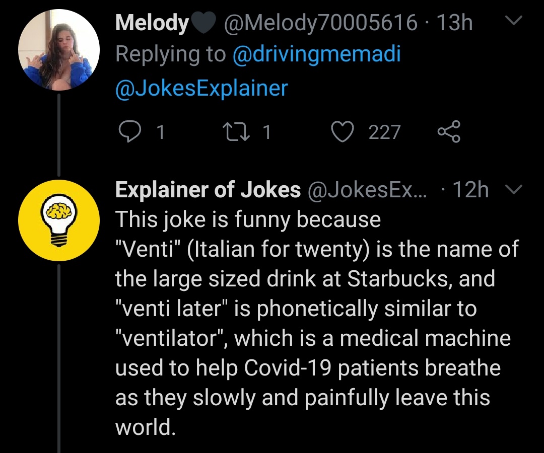 sortahari's tweet photo. noooo there's a joke explainer bot 😭😭 https://t.co/rmthGX39eh