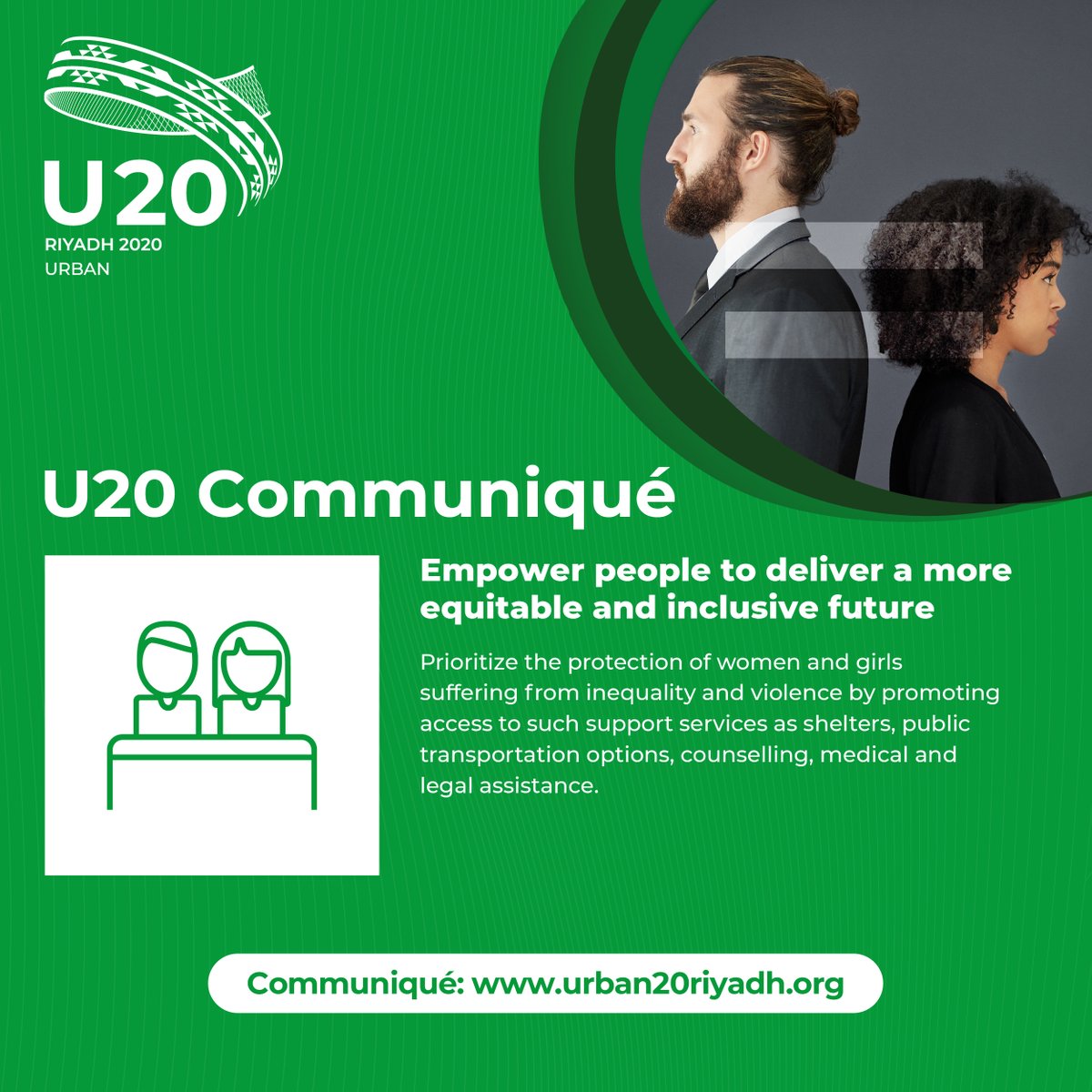 The #G20 must ensure services such as shelters, public transportation options, counselling, medical and legal assistance are being promoted and are accessible for women and girls suffering from inequality and violence. Read more: bit.ly/3d7SfmI 
#U20Communiqué